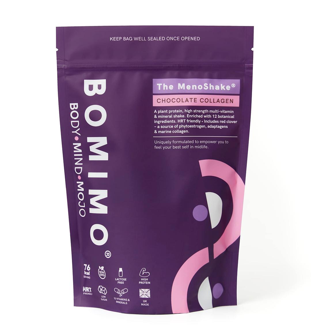 BOMIMO Menoshake for Menopause & Perimenopause | 20x25g Chocolate Collagen Protein Powder | Plant Based Powders Shakes with KSM 66 Ashwagandha | HRT Friendly Women Supplements | Made in UK