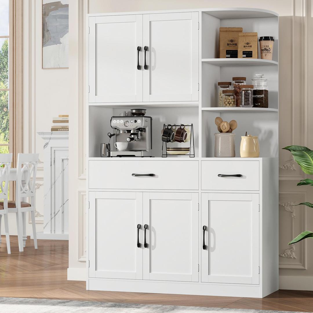 67" Kitchen Pantry Cabinet, Modern Kitchen Hutch with 3-Tier External Shelf & Microwave Stand, Large Food Pantry Cabinet with Doors & Drawers for Dining Room, Living Room, White