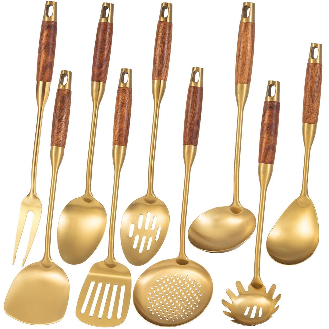 Gold Kitchen Utensils Set - 18/10 Stainless Steel Cooking Tools with Wooden Handle, 15”Long Serving Utensils, Solid/Slotted Spoon, Fork, Spatula, Ladle, Skimmer, Tunner, Spaghetti Spoon, Large Spoon