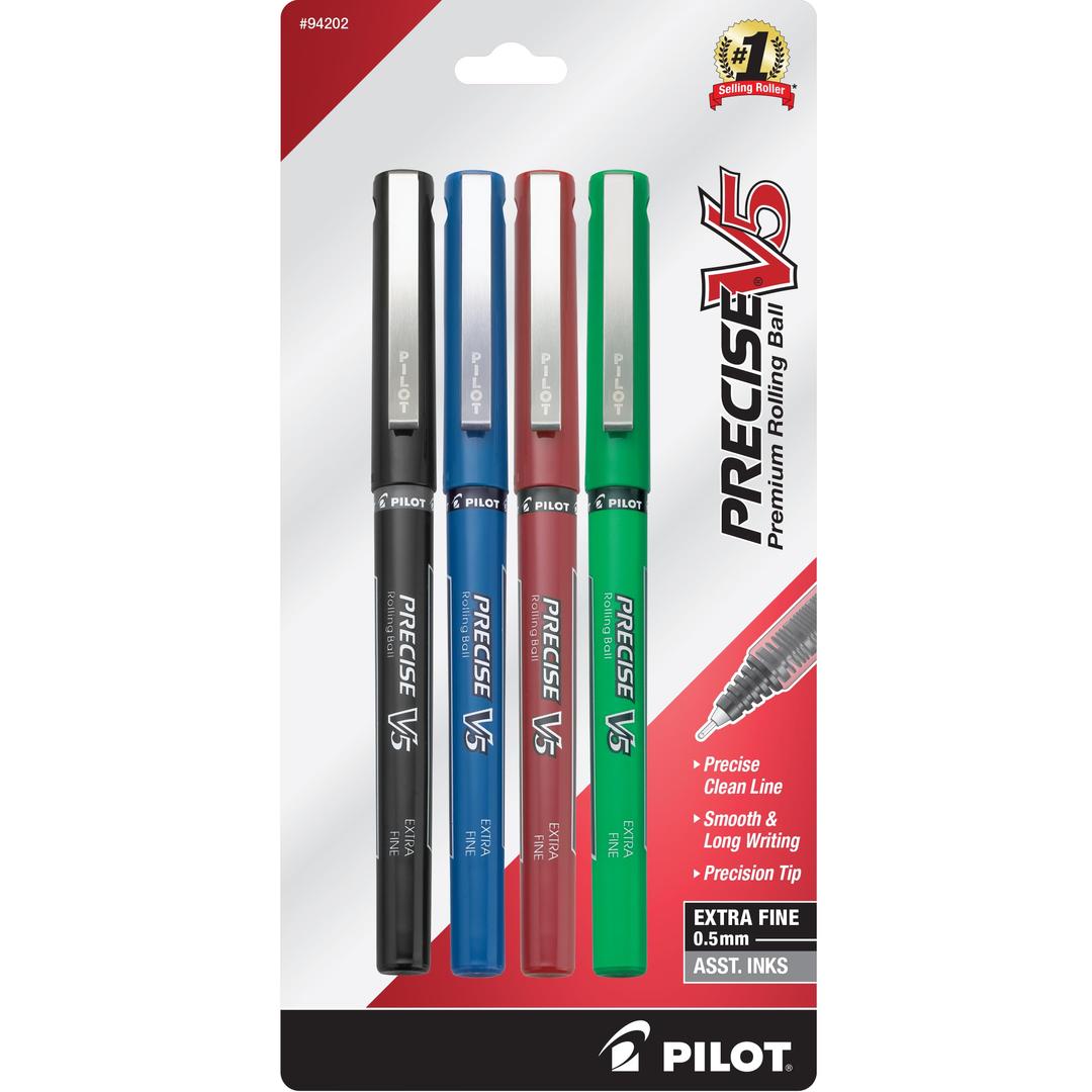 PilotPrecise V5, Capped Liquid Ink Rolling Ball Pens, Extra Fine Point 0.5 mm, Black/Blue/Red/Green, Pack of 4