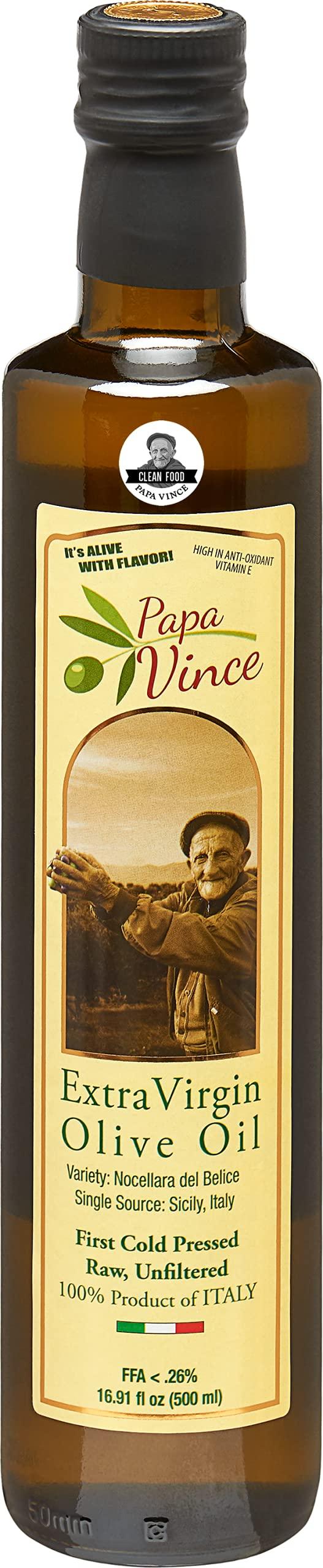 Papa VinceOlive Oil Extra Virgin - First Cold Press Family Harvest 2023/24, Polyphenol Rich, Subtle Peppery Finish, Unrefined, High in Monounsaturated Fat, No Pesticides, No GMO, Sicily, Italy