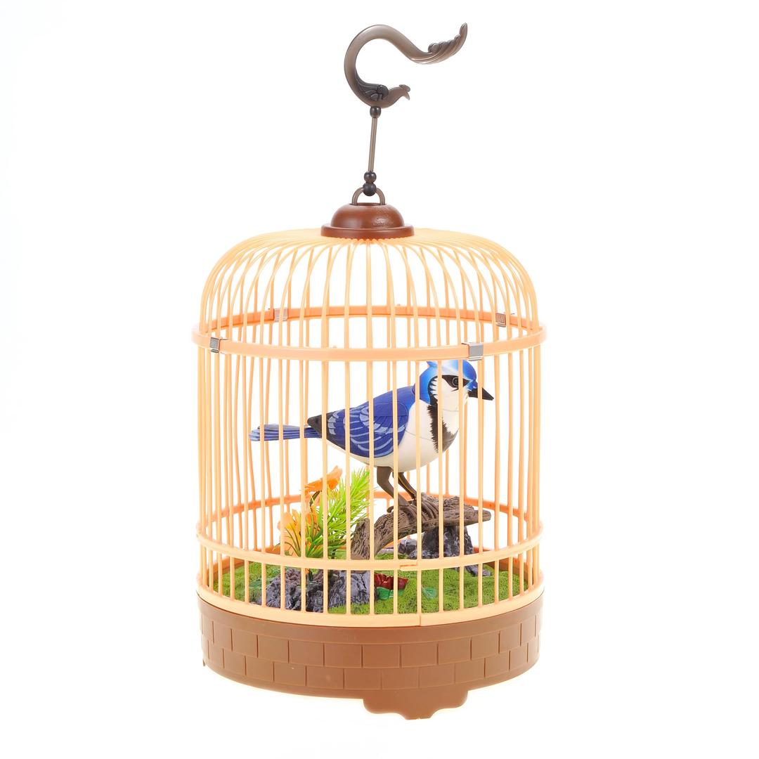 PowerTRC Singing & Chirping Bird in Cage, Realistic Sounds & Movements, Sound Activated, Battery Operated, Great Desk and Room Accessory, Pet Caged Bird Toy (10” x 7”)