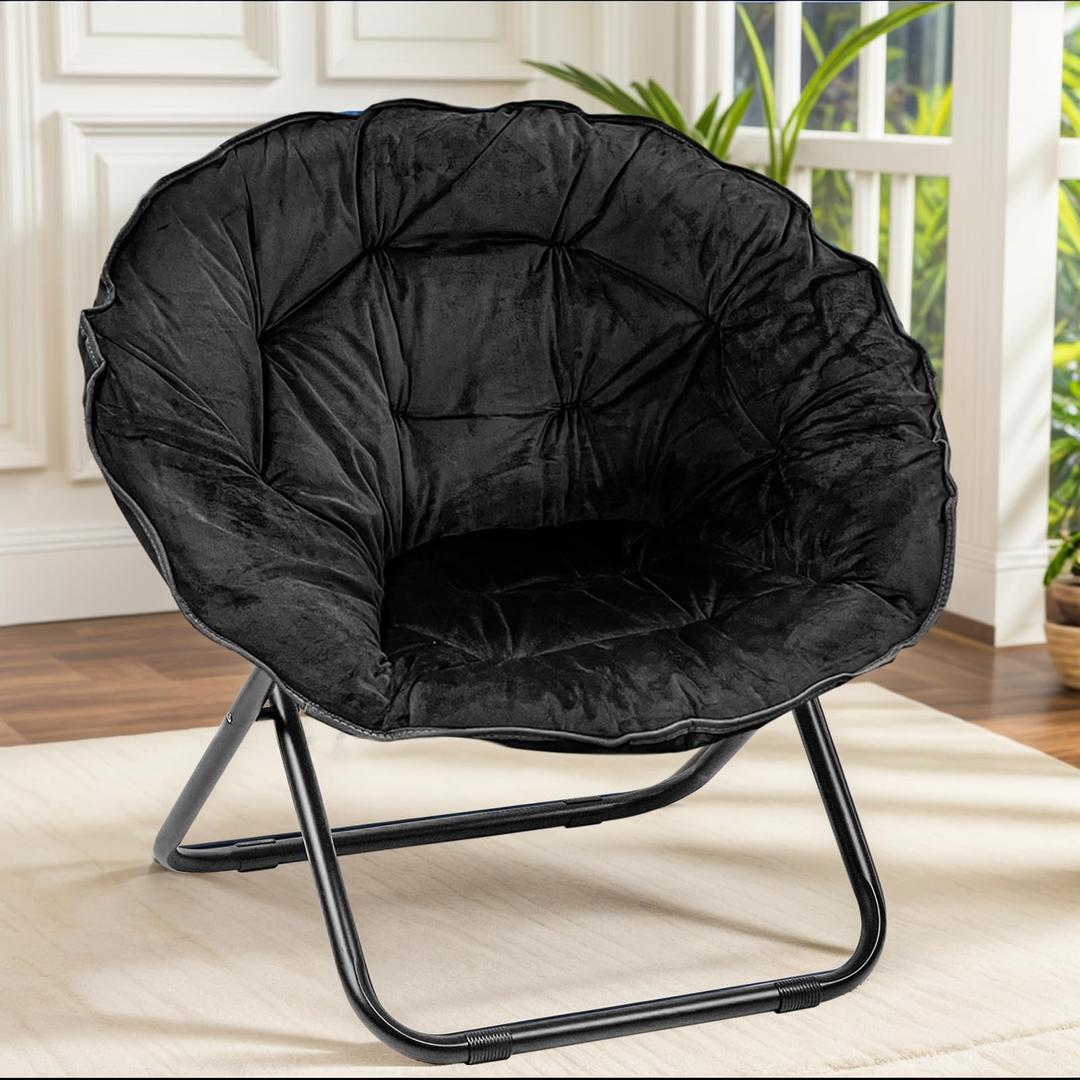 Grezone Folding Saucer Chair, Oversized Lazy Moon Chair with Metal Frame, Comfy Bedroom Chairs for Bedroom, Living Room, Study Black JC