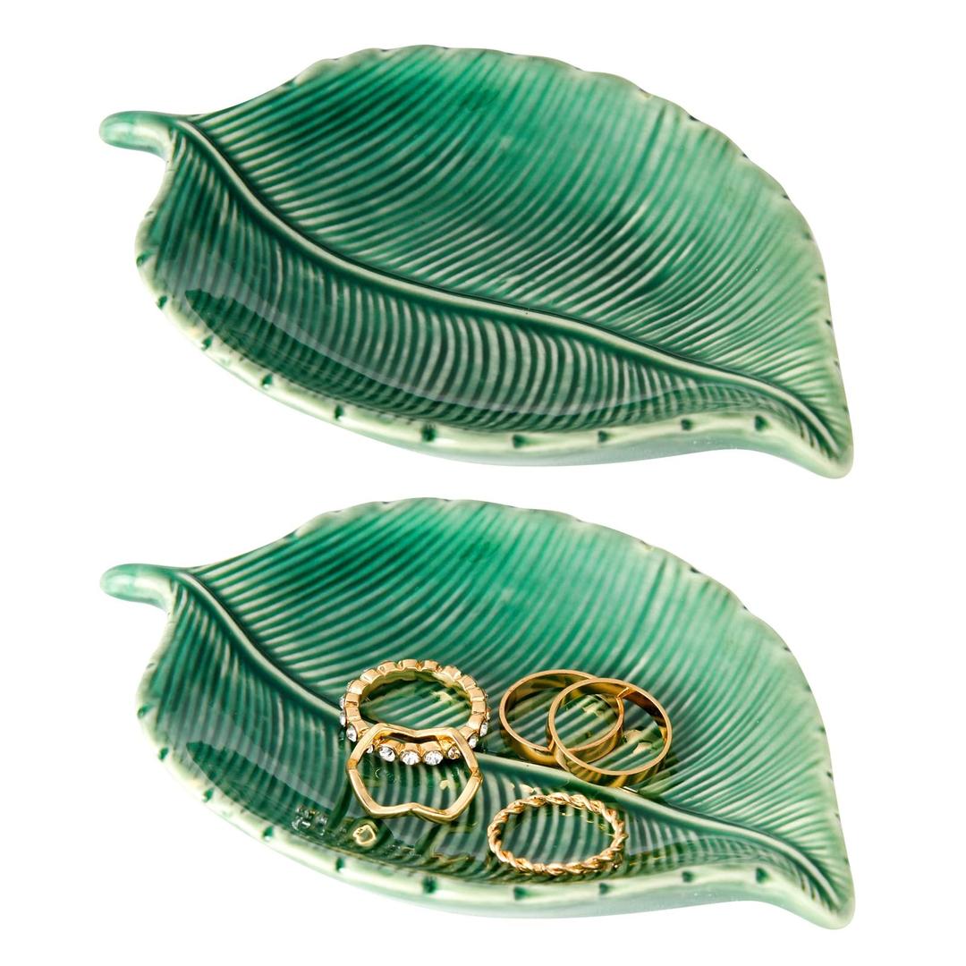 Juvale2-Pack Small Green Leaf-Shaped Trinket Tray, 5.3x3.6x0.8-Inch Ceramic Jewelry Dish