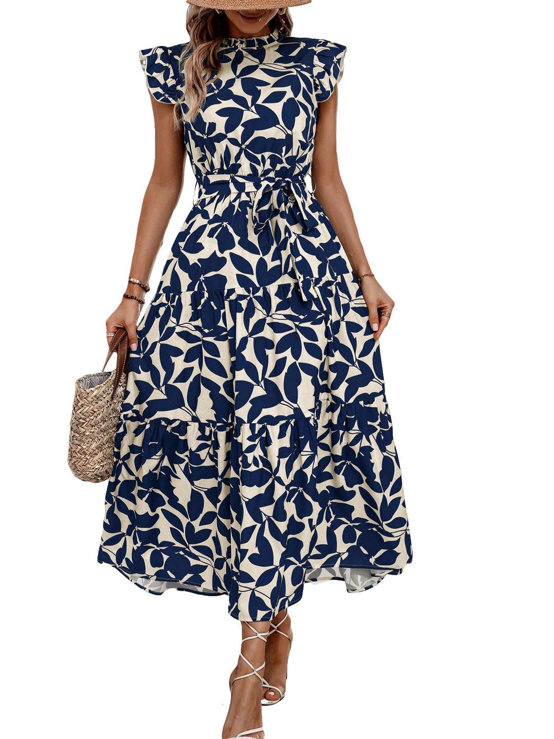 MakeMeChicWomen's Casual Floral Print Belted High Waisted A Line Layered Dress Ruffle Cap Sleeve Maxi Long Dress