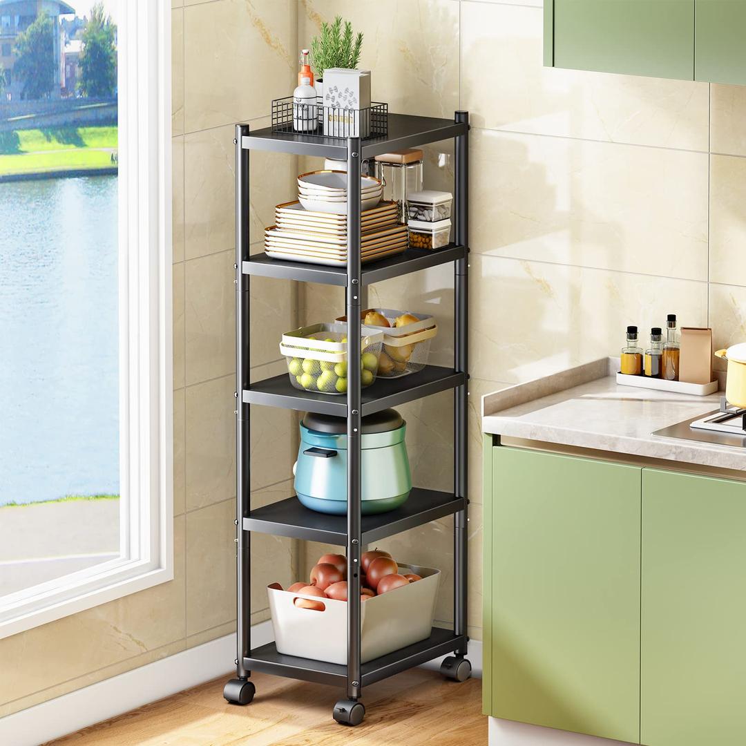 5 Tier Kitchen Storage Shelves with Wheels, Heavy Duty Metal Shelves for Storage, Adjustable Rolling Shelves, Standing Storage Rack for Kitchen, Pantry, Closet, Bathroom, Laundry, Garage, Office