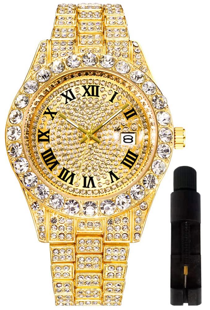 HUNRUYHip Hop Watches for Men Iced-Out Bling Diamond Luxury Quartz Watches with Date