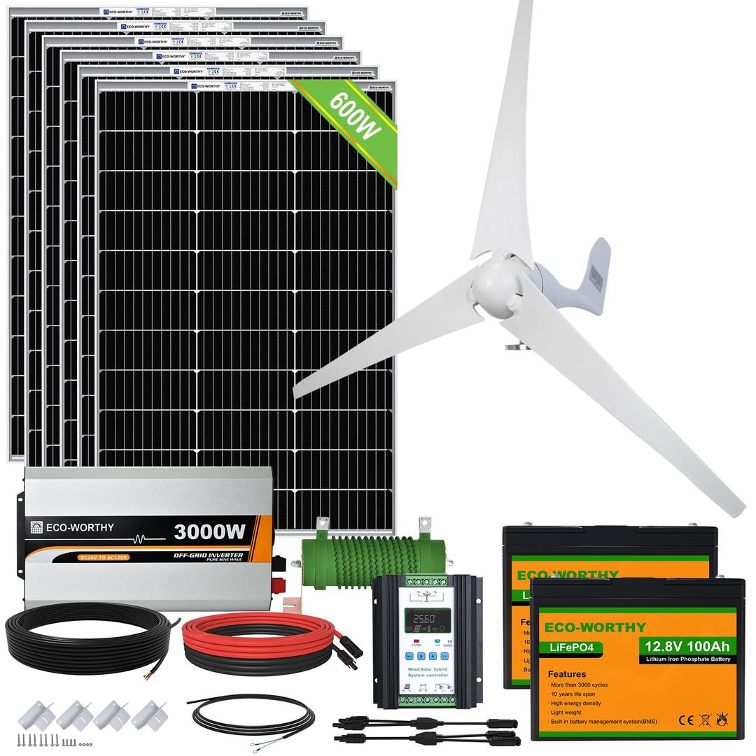 ECO-WORTHY 1000W 4KWH Solar Wind Power Kit: 1*400W Wind Turbine + 6*100W Solar Panel + 2*12V 100Ah Lithium Battery + 1*24V 3000W Inverter for Home/RV/Boat/Farm/Street Light and Off-Grid Appliances