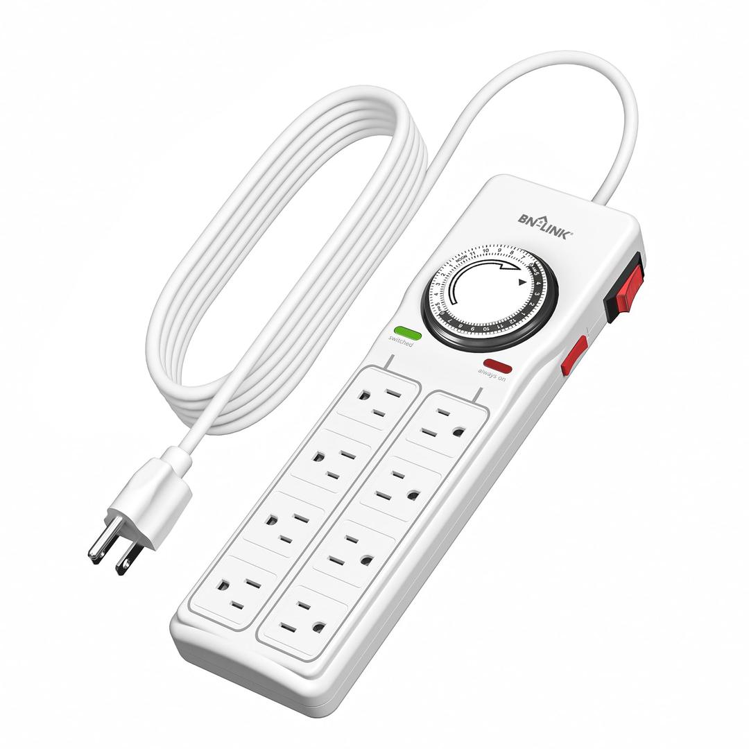 BN-LINK 8 Outlet Surge Protector with Mechanical Timer (4 Outlets Timed, 4 Outlets Always On) - White