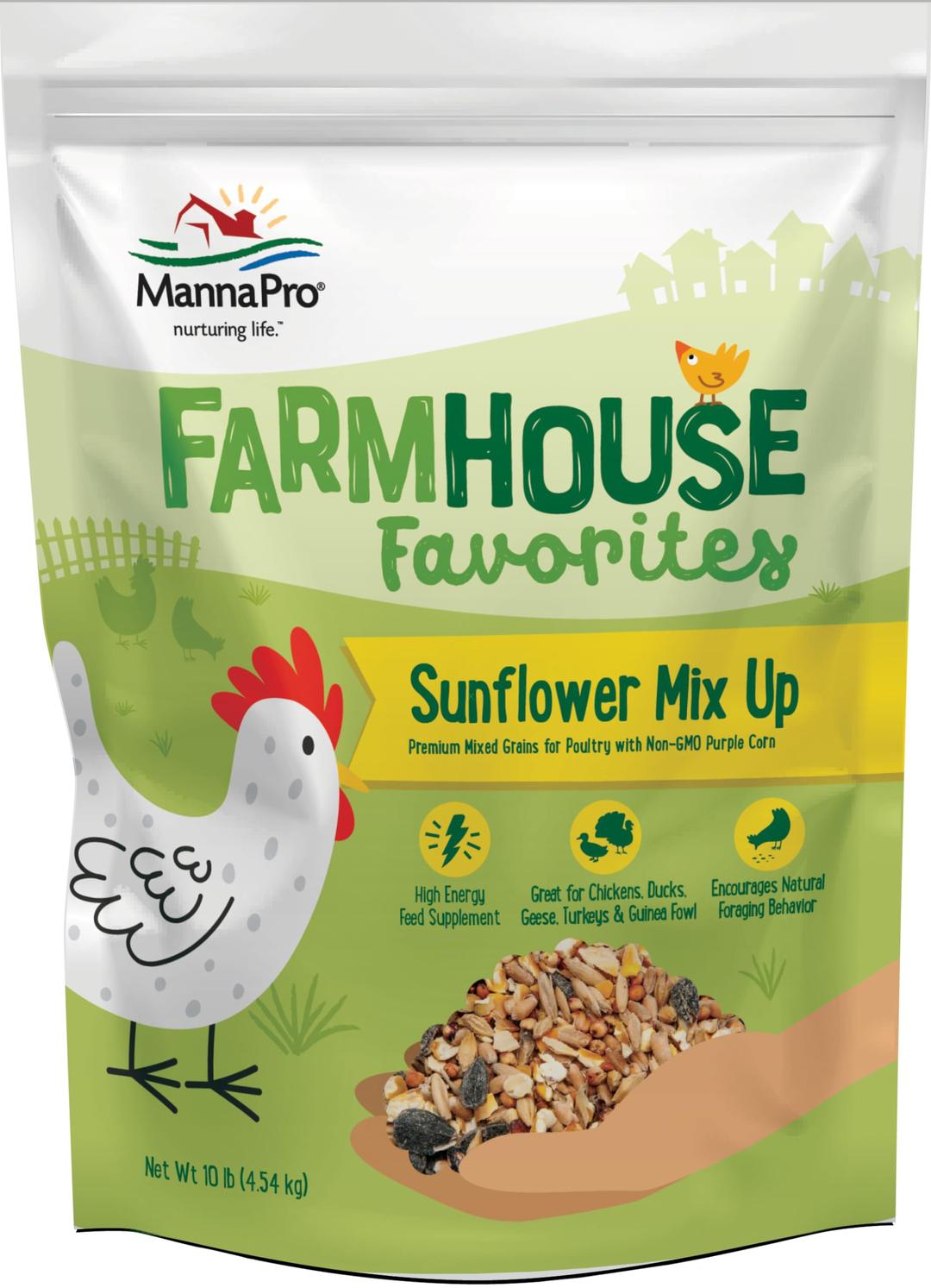 Manna Pro Farmhouse Favorites – Sunflower Mix Up – Premium Grains for Poultry – Made with Non-GMO Purple Corn – High Energy Poultry Feed Supplement – 10lb Bag