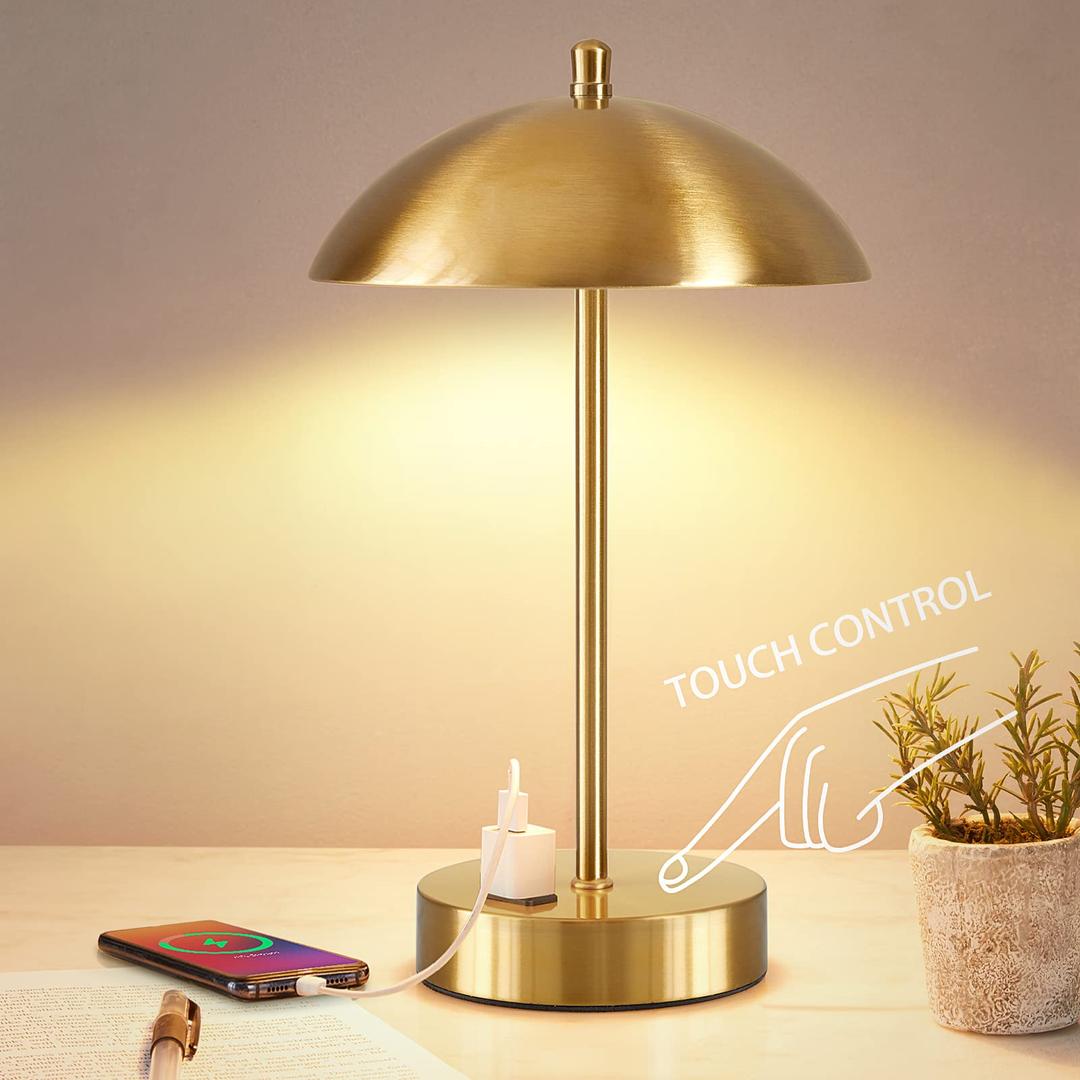 Modern LED Desk Lamp with AC Adapter, 3-Way Dimmable Touch Bedside Reading Lamp, Minimalist Gold Small Nightstand Table Lamp with Mushroom Dome Shade for Bedroom Living Room Office, Bulb Included