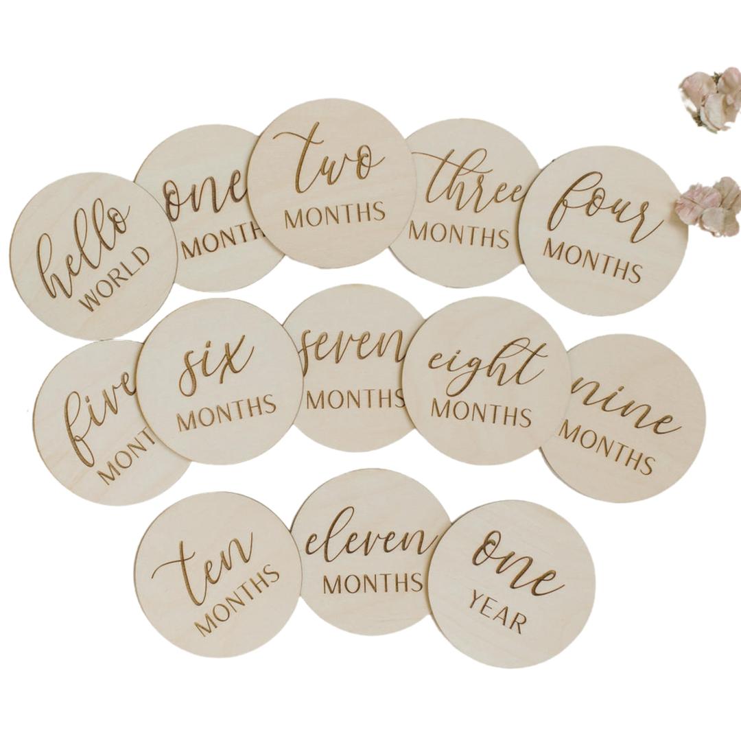 Baby Monthly Milestone Marker Discs, Newborn Photo Props, Baby Growth and Pregnancy Growth Cards, 0-12 Months, Gender-Neutral Gift, Classic Cursive Script Wooden Discs