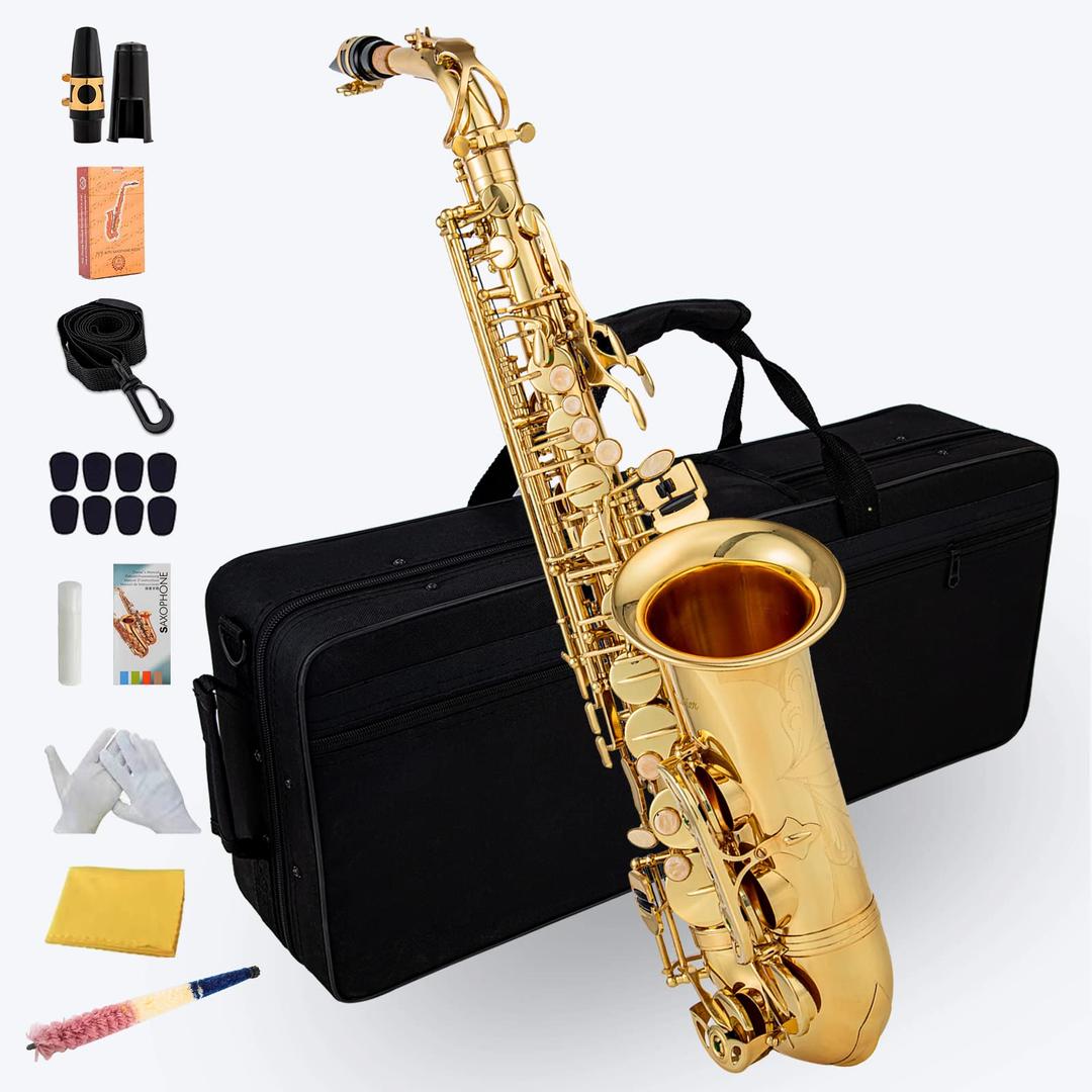 Gold E Flat Alto Saxophone Brass Engraved Eb E-Flat Natural White Shell Button Wind Instrument with Case Belt Brush