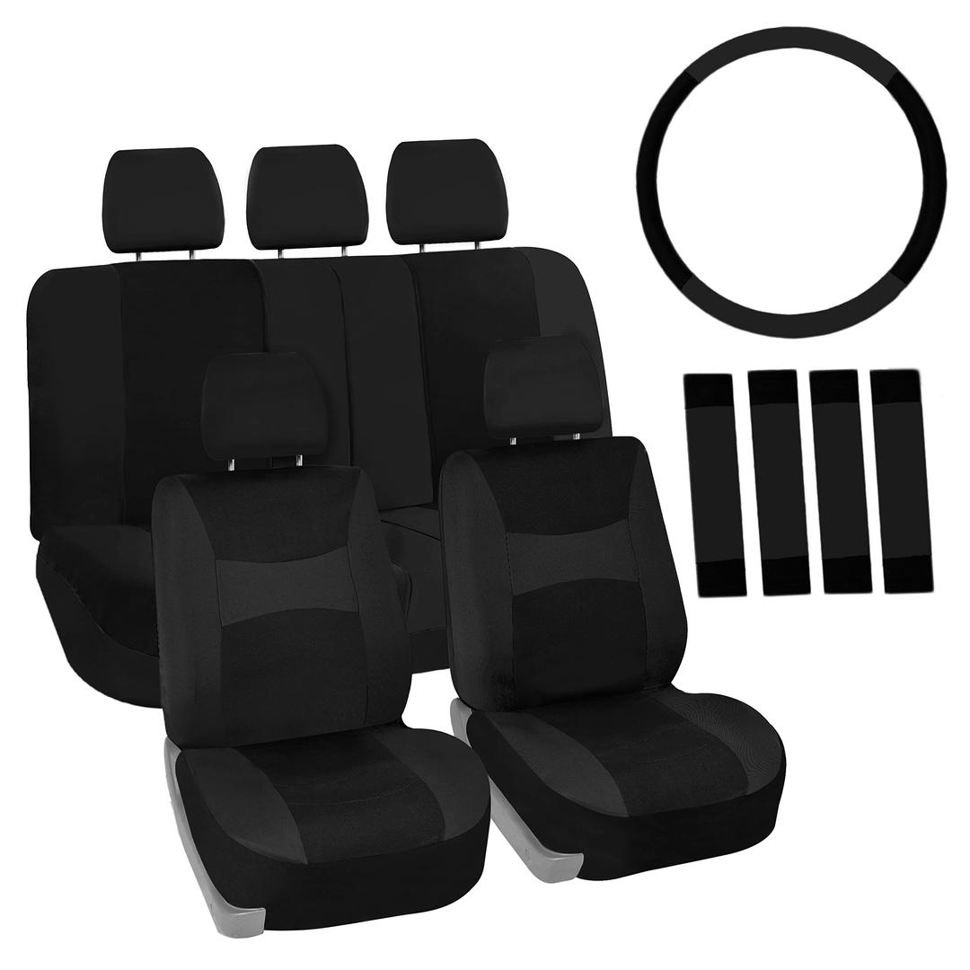 FH Group Full Set Cloth Car Seat Covers, Universal Fit Front and Split Bench Rear, Airbag Compatible, Washable for SUV, Sedan, Van - Black