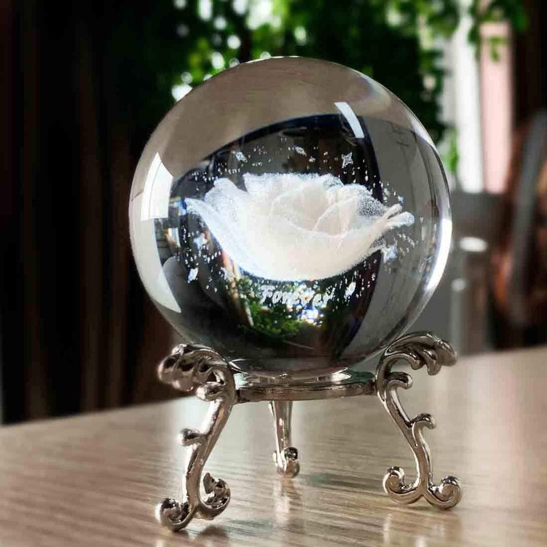 HDCRYSTALGIFTS60mm 3D Inner Carving Rose Flower Crystal Ball Paperweight with Sliver Stand Fengshui Home Decor