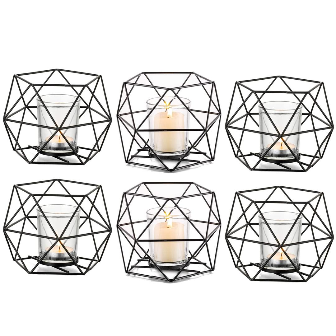 Hewory Geometric Tealight Candle Holders Black, Modern Metal Geo Wedding Centerpieces for Table, Votive Candle Stand Accent for Tea Light for Home Shelf Mantel Christmas Birthday Party Decor, 6pcs