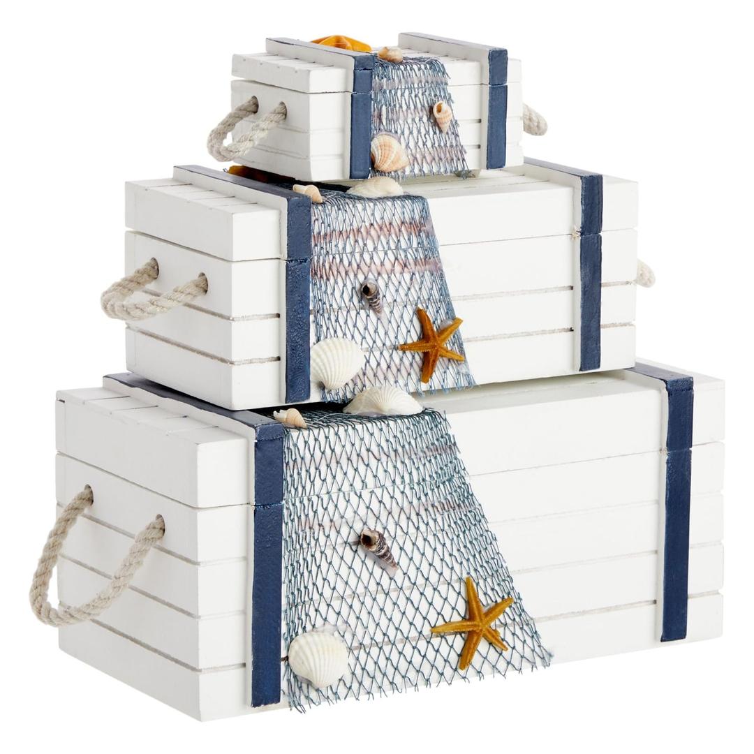 Nautical Box Set, Beach Theme Wooden Jewelry Boxes for Ocean Decor (3 Sizes)