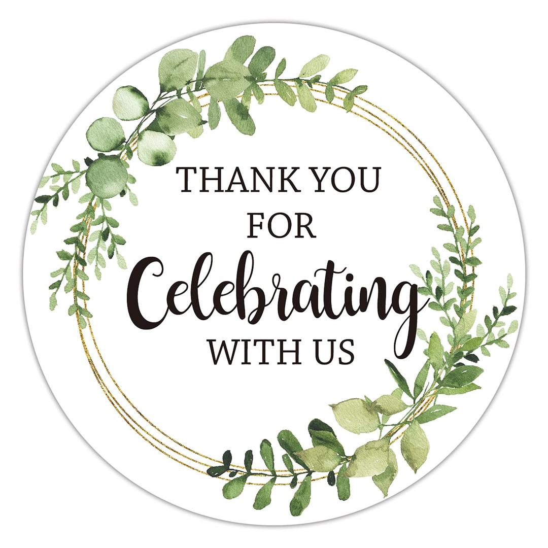 Thank You for Celebrating with Us Stickers, Greenery Thank You Party Favor Stickers, Baby Shower Favors, Wedding Favors, 2-inch Round Gift Label Stickers, 50-Pack