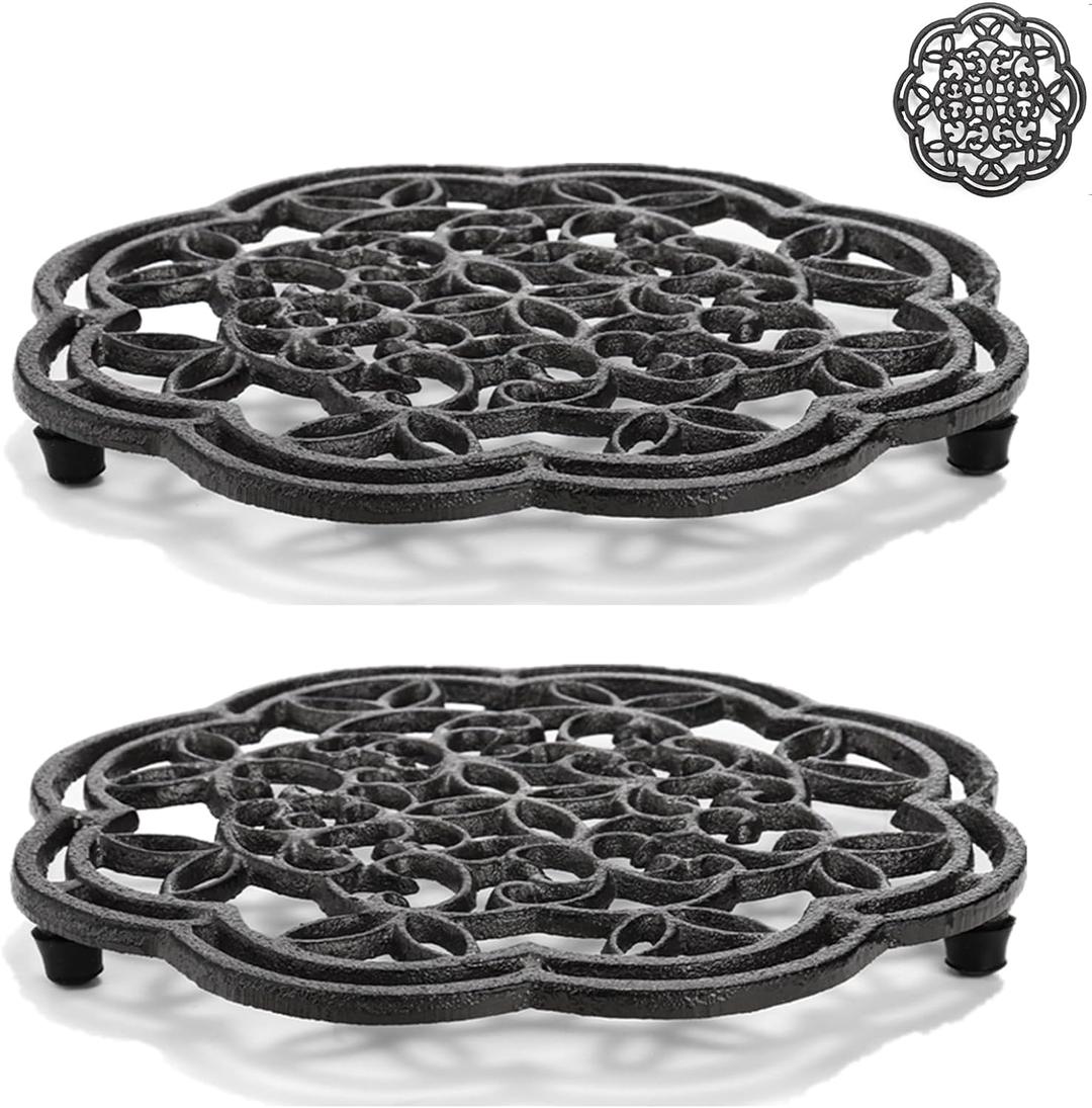 Yopay2 Pack Cast Iron Trivet Heavy Duty, 7.7 inch Round Metal Trivet for Hot Pans or Teapot, Rustproof Pot Stands Holders with Rubber Pegs for Countertop, Dining Table, Kitchen Farmhouse Decoration