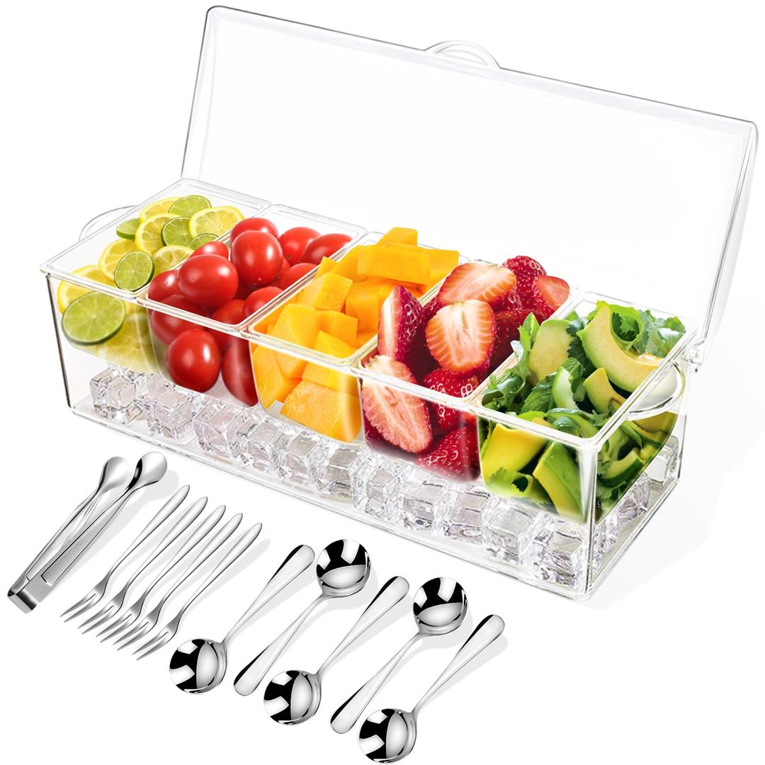 Condiment Tray with Stainless Steel 5 Spoons, 5 Forks and 1 Clip, Chilled Condiment Server, Condiment Server, Bar Garnish Holder on Ice, Bar Accessories Fruit and Salad with Removable Trays and Lid