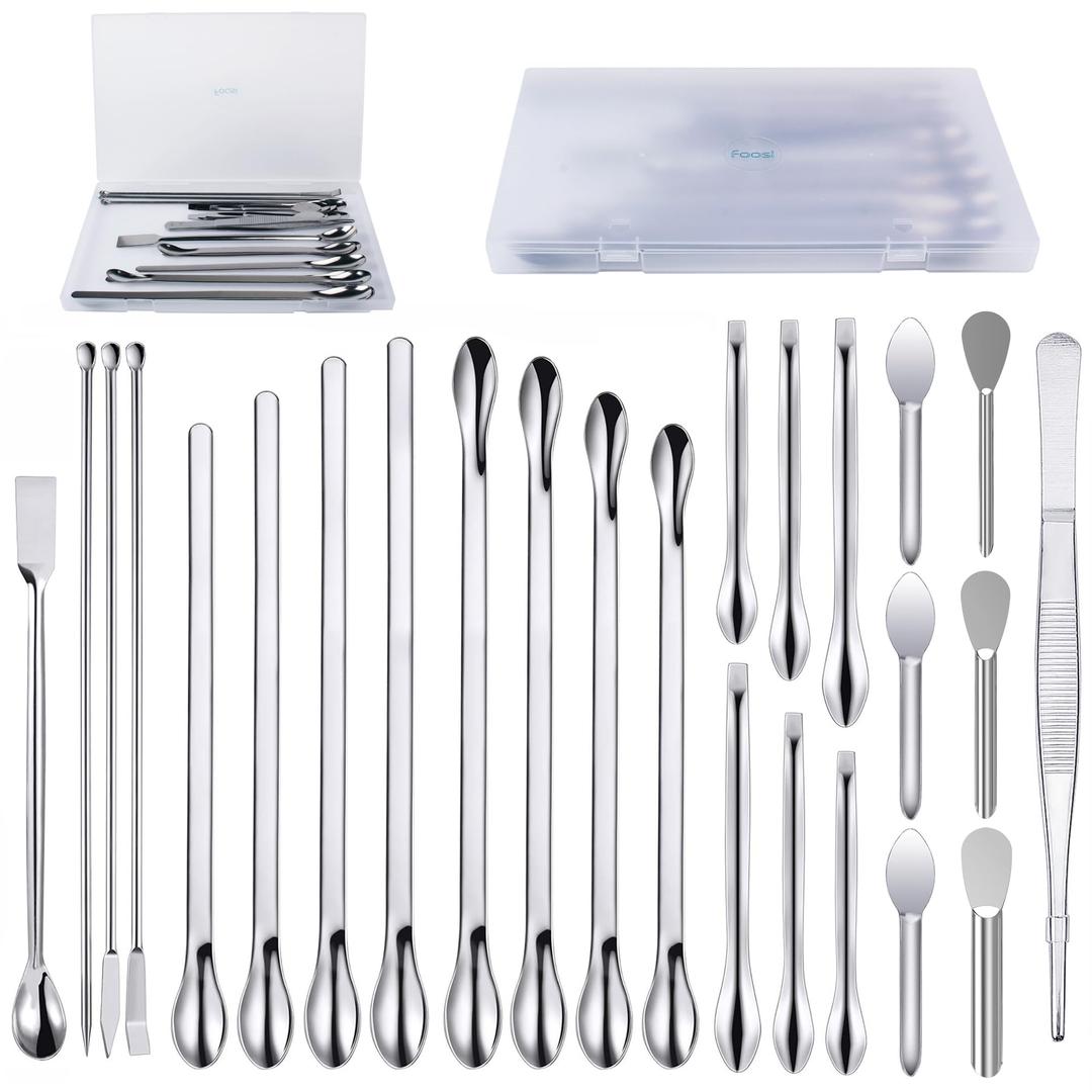 25 Pcs Stainless Steel Lab Spatula Micro Scoop Set Laboratory Tiny Mixing Spatula with Tweezers Long Sampling Spoon for Powders Gel Cap Capsule Filler (25Pcs)