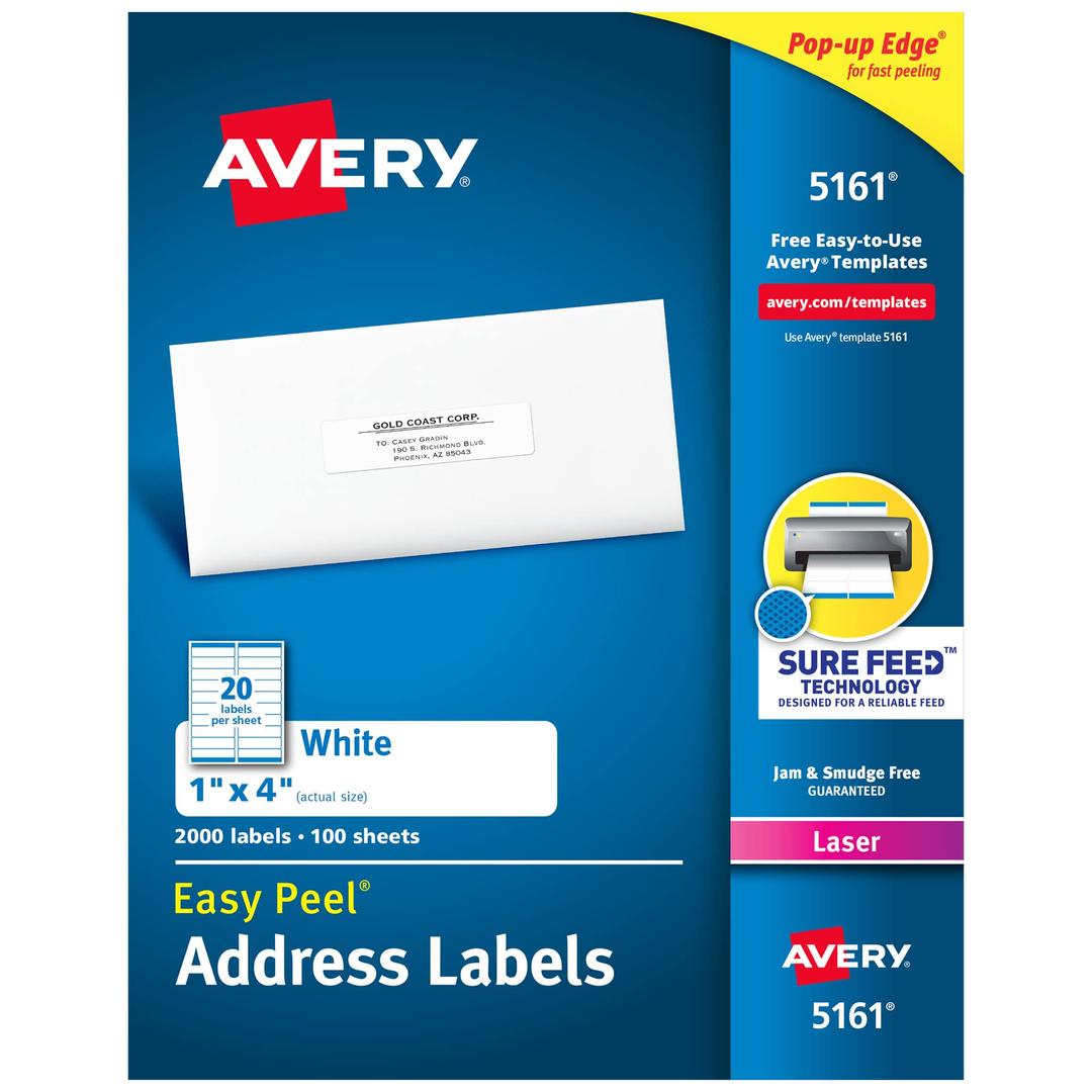 AVERYEasy Peel Printable Address Labels with Sure Feed, 1" x 4", White, 2,000 Blank Mailing Labels for Laser Printers (5161)