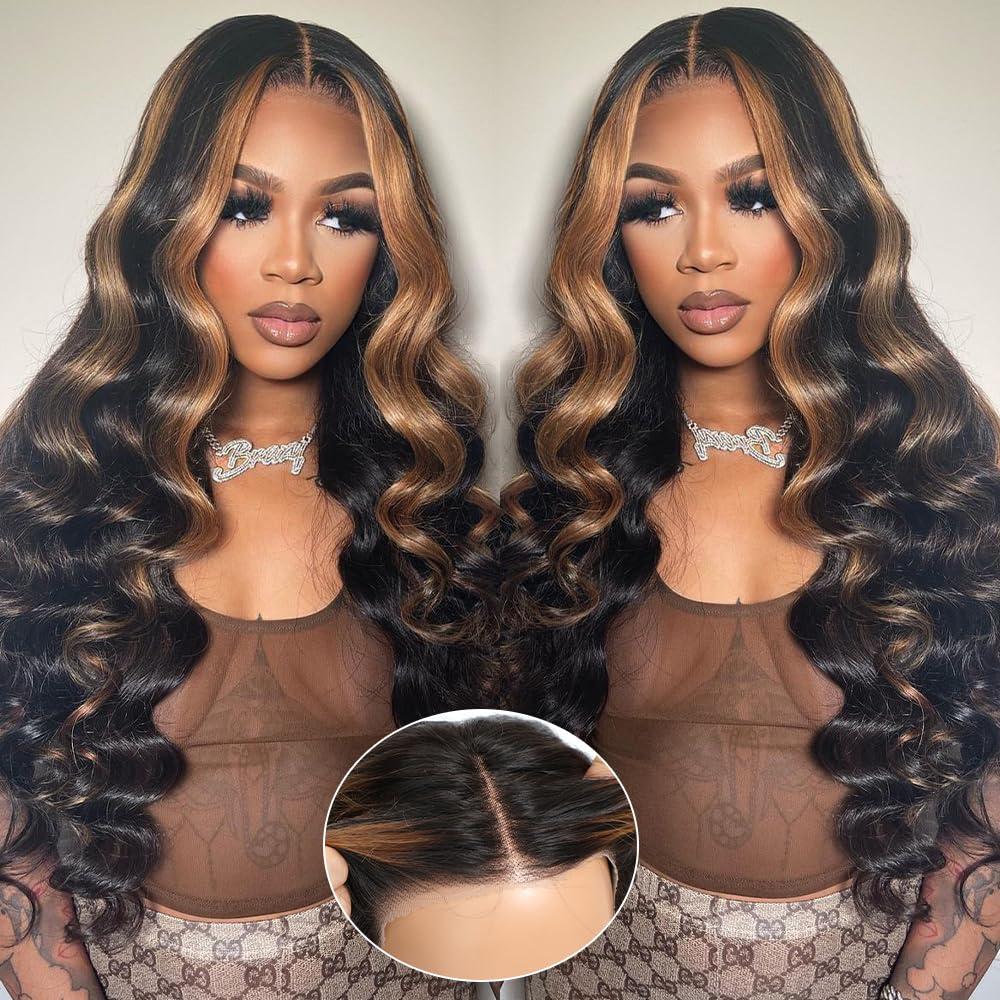 Ombre Lace Front Wig Human Hair 13x4 Glueless Wigs Human Hair Pre Plucked pre cut Wear and Go Glueless Wig 180% Density 1B/30 Highlight Body Wave Wig HD Colored Wigs 24Inch