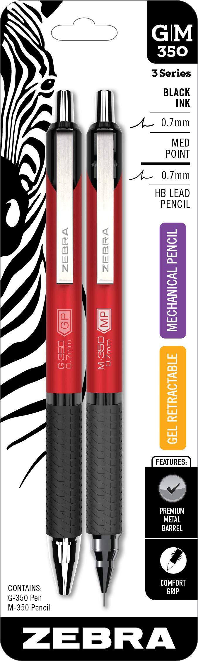 Zebra Pen G-350 and M-350 Retractable Gel Pen/Mechanical Pencil Set, Premium Red Metal Barrel, Medium Point, 0.7mm, (11132), 2-Count (Pack of 1)