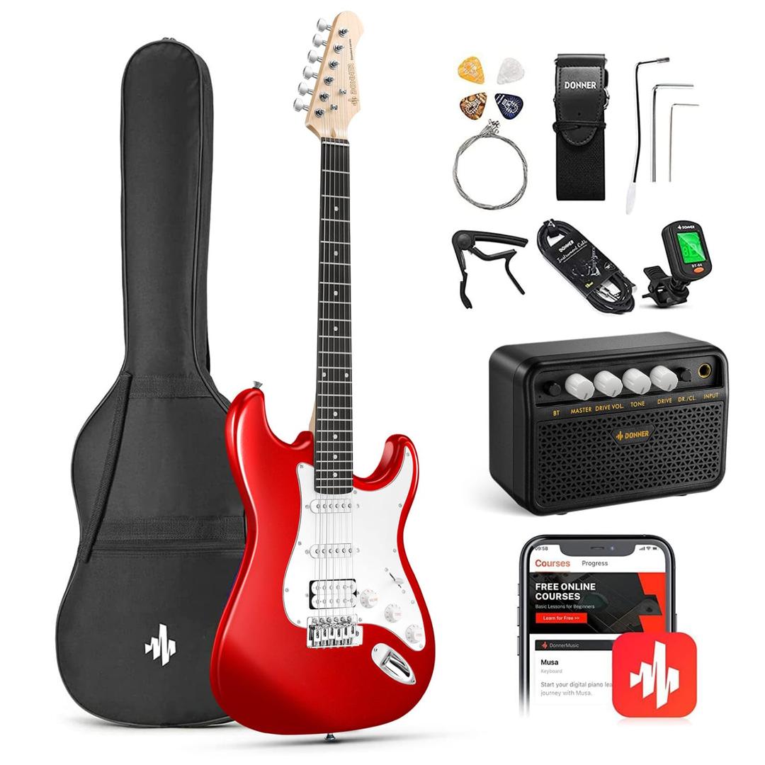 Donner39-Inch Electric Guitar Starter Kit with Solid Body, HSS Pickup, Accessories, Amplifier, Lessons, and Digital Tuner - Red