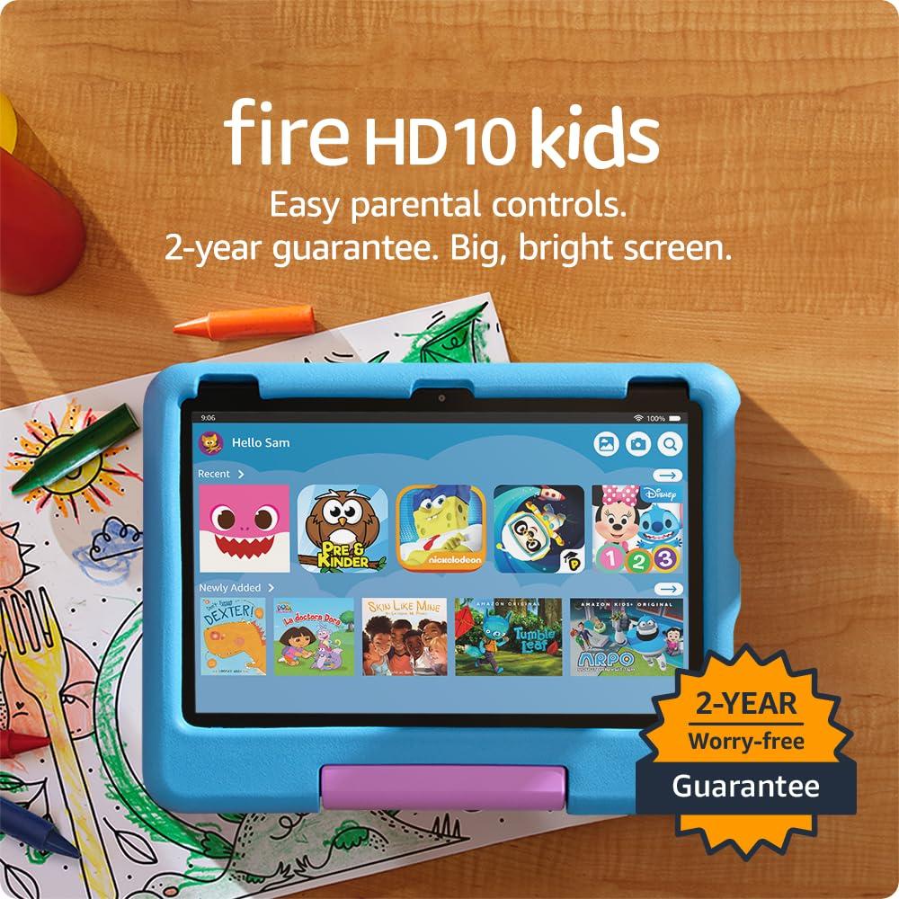 Amazon Fire 10 Kids tablet (newest model) ages 3-7 | Bright 10.1" HD screen with ad-free content and parental controls included, 13-hr battery, 32 GB, Blue