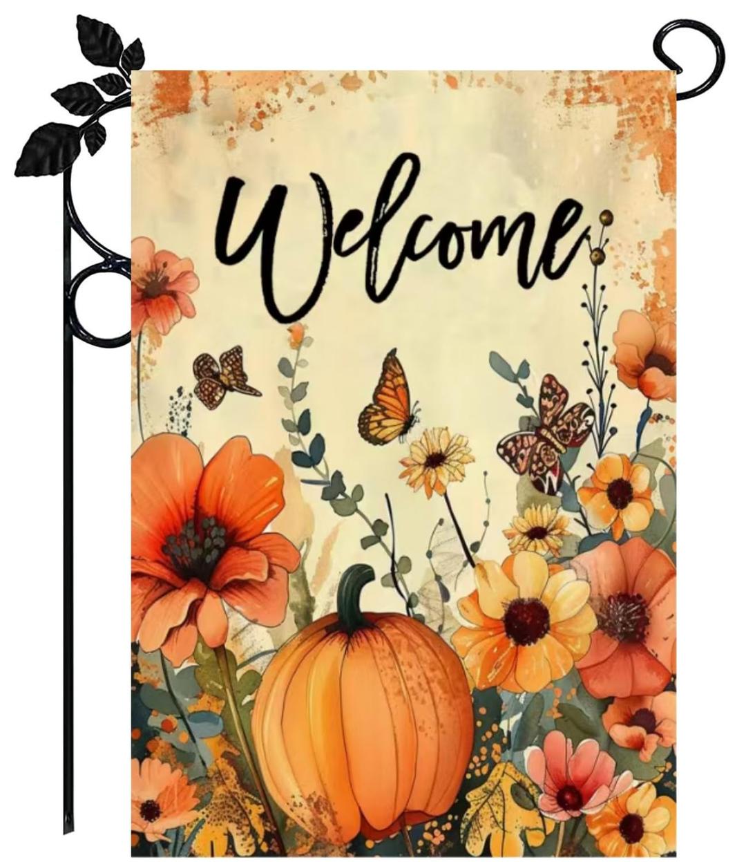 Fall Garden Flags for Outside 12x18 Double Sided Burlap, Autumn Flower Butterfly Pumpkin Welcome Garden Flag Fall Decorations Outdoor Decor, Small Welcome Fall Flags for Outside Garden Lawn Decor