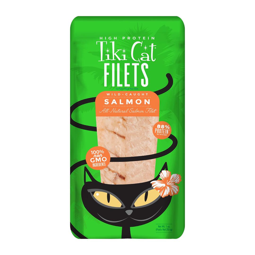 Tiki Cat Filet, All Natural Wild Caught Salmon, Single Ingredient High Moisture Non-GMO Wet Cat Food Topper, for All Life Stages, 1 oz. Pouch (Pack of 12)