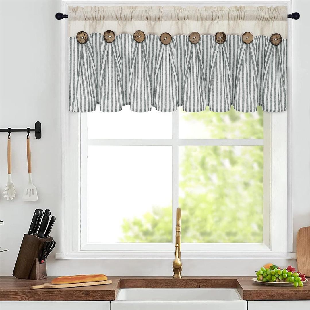 Cotton Linen Farmhouse Kitchen Valance Curtains Boho Rustic Button Valances Natural/Sage Green Stripe Color Block Window Valances Rod Pocket Small Window Curtain for Cafe Bathroom Bedroom Drapes