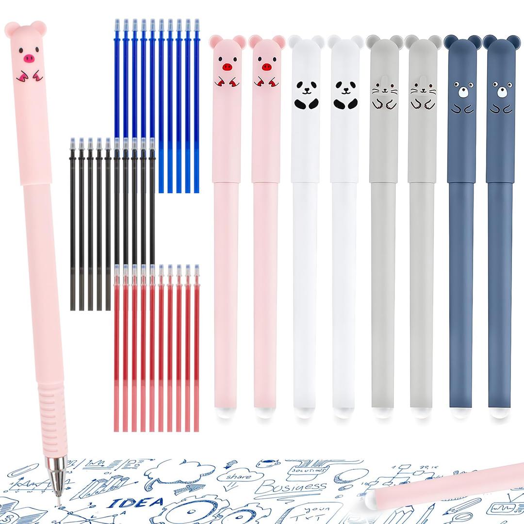 TPBSITNS8pcs Erasable Gel Pens, 0.5mm Cute Erasable Pens Black and Blue with 30 Refills, Cartoon Animal Rollerball Pens for Kids Adult Writing Note Taking Office School Supplies