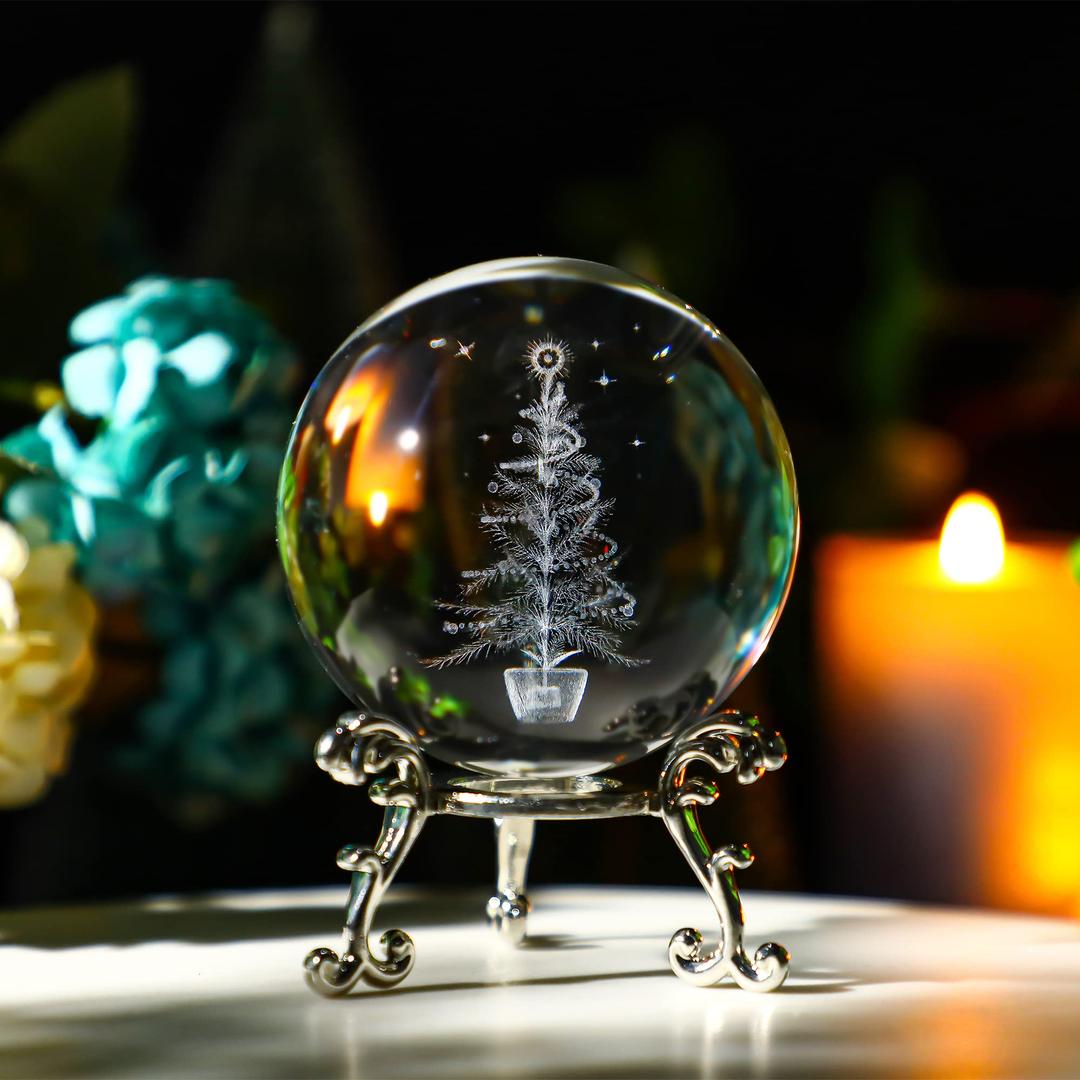 ZEERSHEE 3D Laser Engraved Christmas Tree Paperweights Crystal Ball with Stand 3D Glass Christmas Tree Figurine for Kids Home Party Christmas Decoration (2.3in)