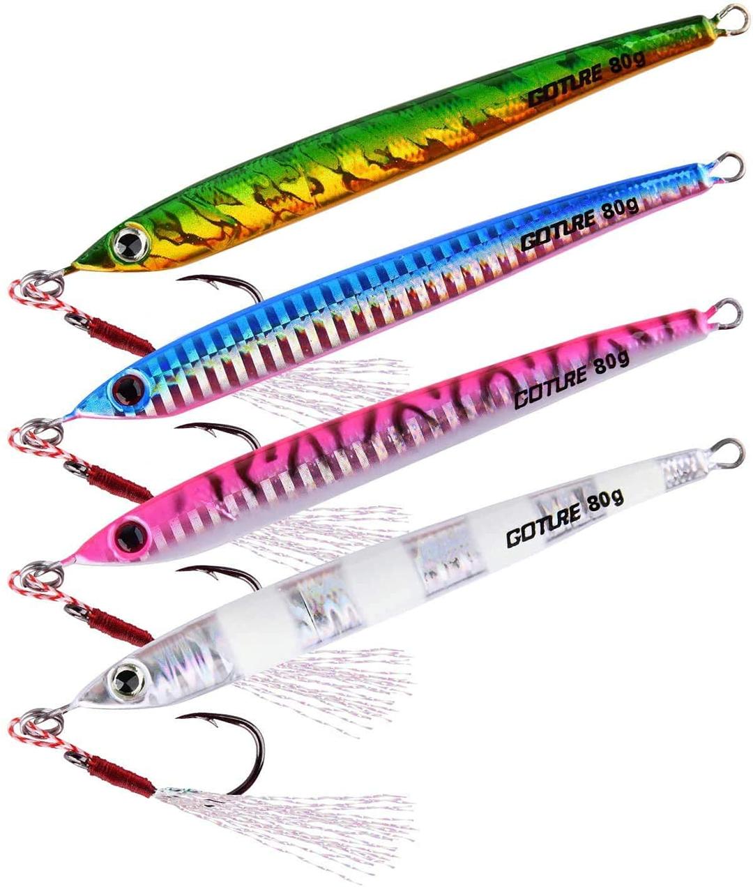 Goture Fishing Jigs Saltwater 60g-200g with Assist Hook, Glow Vertical Jigs, Speed Fast Lead Jig Sea Fishing Jigging Spoon Lures for Tuna, Salmon, Sailfish, Striped bass, Grouper Snapper, Kingfish