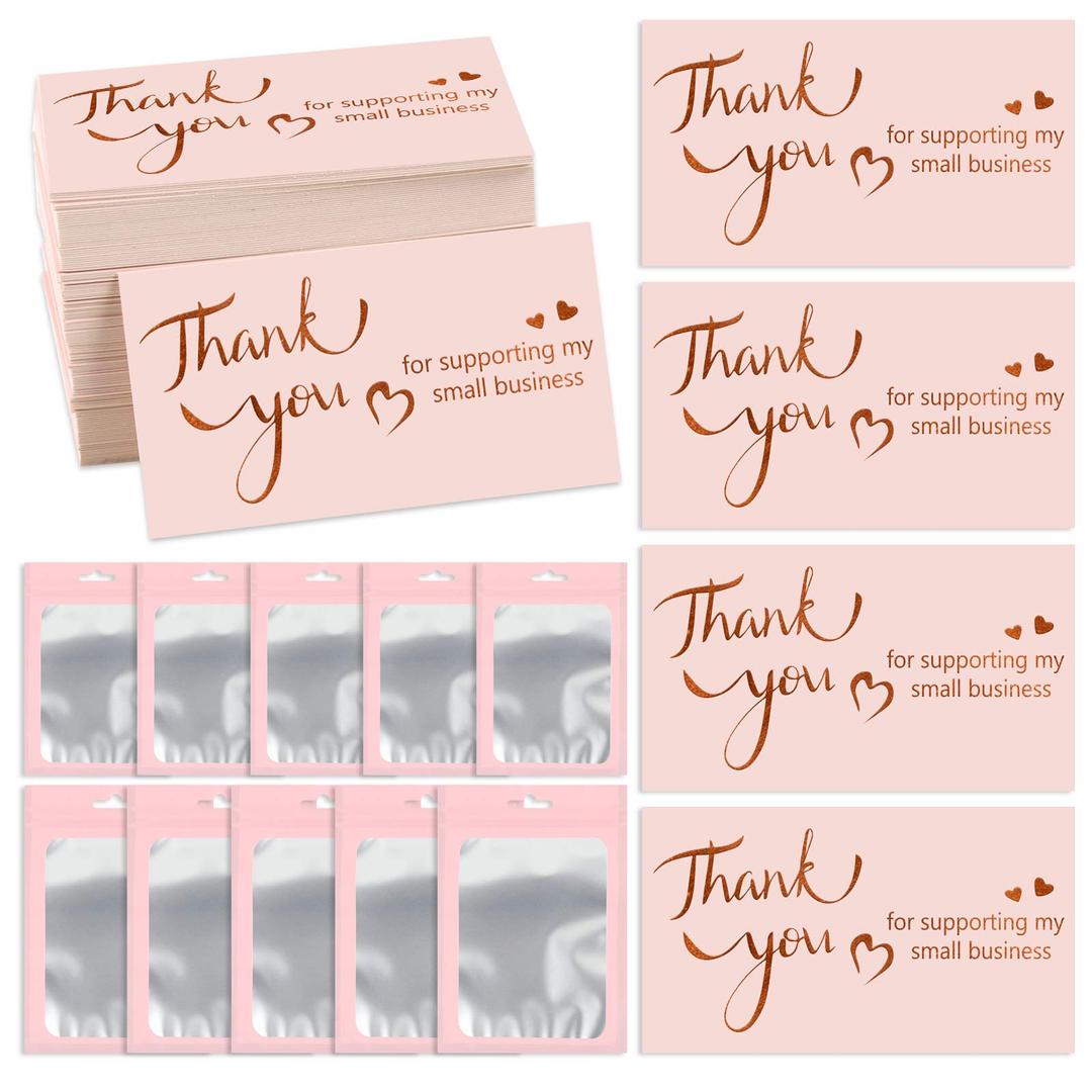 Thank You Business Cards, 200PCS Gold Foil Thank You for Supporting My Small Business Cards Pink Resealable Packaging for Online Retail Shop Package Inserts