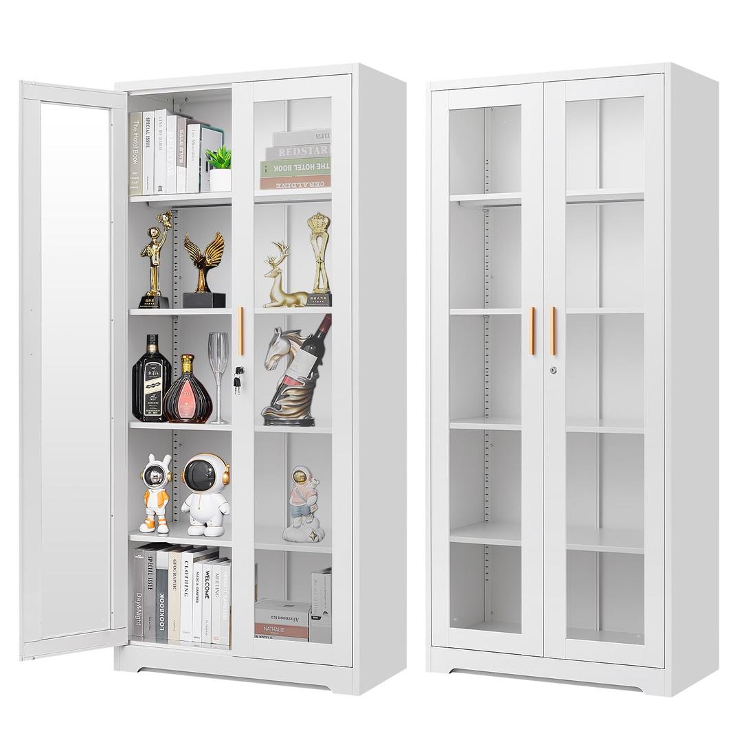 Display Cabinet with Glass Doors, Metal Curio Cabinets with Lock and Shelves, 71''Tall Display Case for Living & Dining Room, Bookcase for Home, Clinic, School (White)- Assemble Required