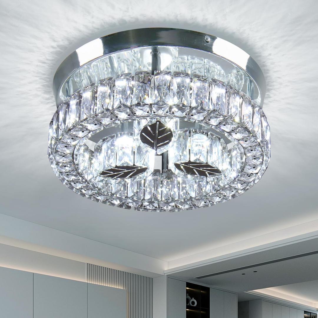 Finktonglan Crystal LED Chandelier Ceiling Light Modern 30W Round Ceiling Lamp Light Fixtures, Stainless Steel Leaf Crystal Chandelier for Dining Room Living Room (Cool White) [Energy Class E]