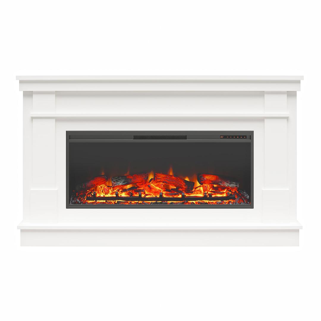 Ameriwood Home Elmcroft Contemporary Wide Mantel with Linear Engineered Wood Electric Fireplace for Living Room/Family Room, in White Finish