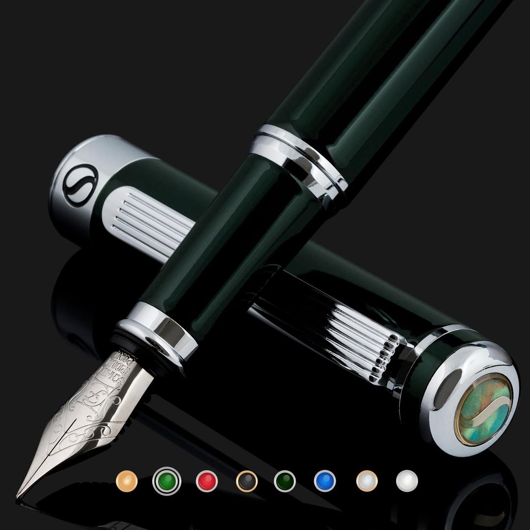 Scriveiner British Racing Green Fountain Pen - Stunning Luxury Pen with Chrome Finish, Schmidt Nib (Fine), Best Pen Gift Set for Men & Women, Professional, Executive, Office, Nice Pens