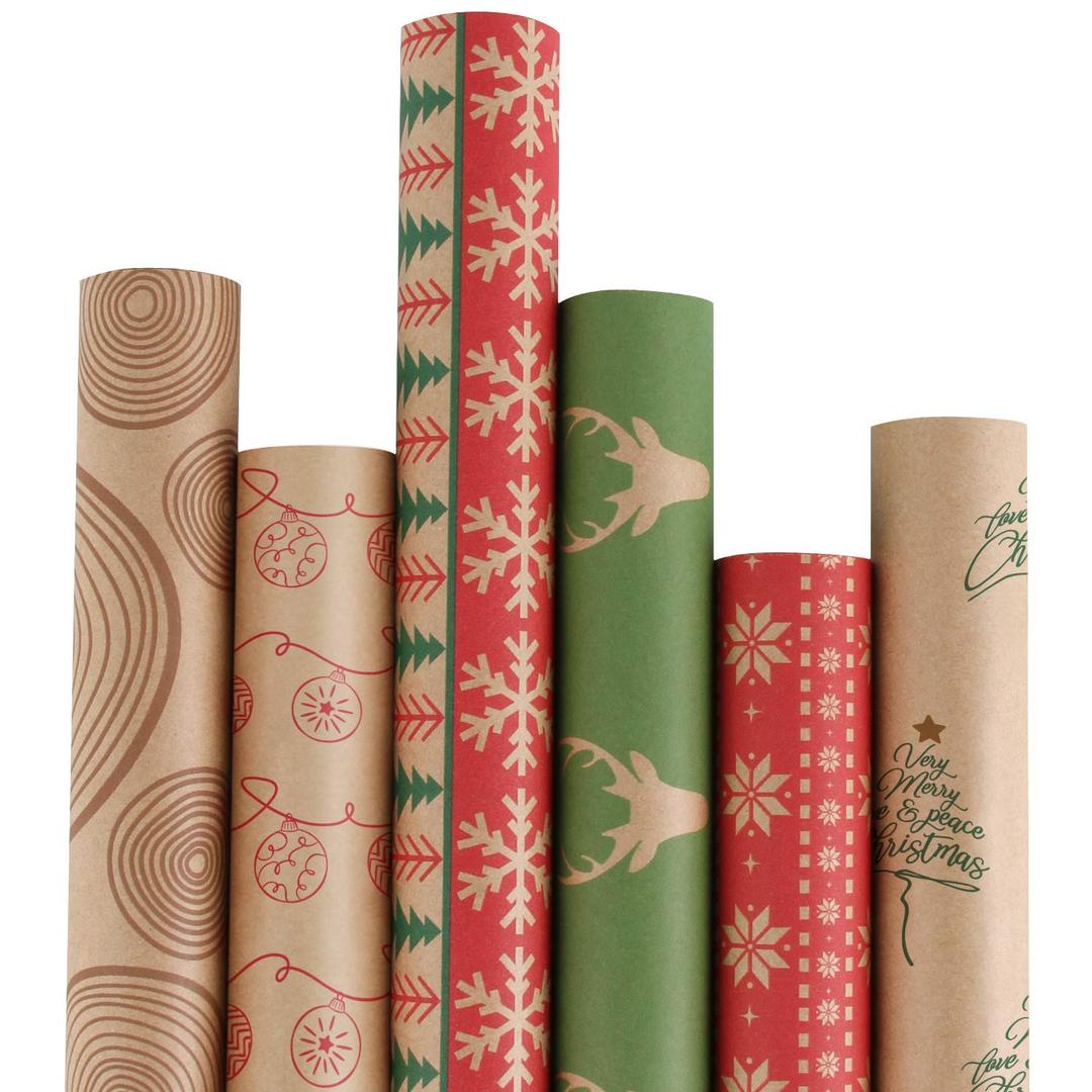 RUSPEPA Christmas Wrapping paper - Brown Kraft Paper with Red and Green Pattern For -Christmas Elements Collection-6 Roll-30Inch X 10Feet Per Roll