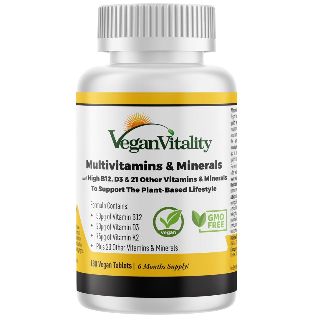 Vegan Multivitamins & Minerals for Women and Men with High Strength Vitamin B12, D3 & K2. 180 Multivitamin Tablets - 6 Months Supply. Vitamins for Vegans & Vegetarians