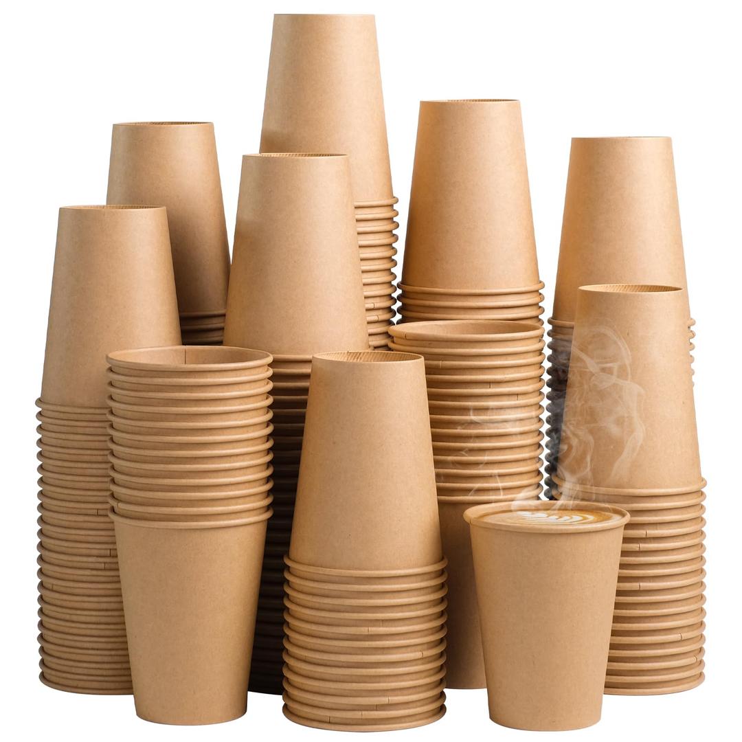 300 Pack 12 oz Kraft Paper Cups, Unbleached Disposable Paper Coffee Cups, Thickened Hot/Cold Beverage Drinking Cup for Party, Home, Cafes, Bistros, Businesses (Brown)