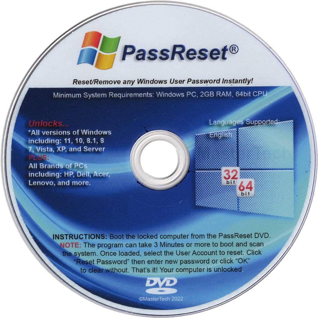 Password Reset DVD for Windows 11 ,10 ,8.1 ,7 ,Vista , XP, Server