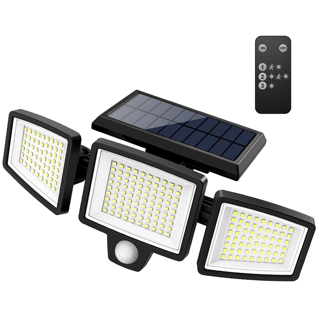 Tuffenough Solar Outdoor Lights 2500LM 210 LED Security Lights with Remote Control,3 Heads Motion Sensor Lights, IP65 Waterproof,270° Wide Angle Flood Wall Lights with 3 Modes(1 Packs)