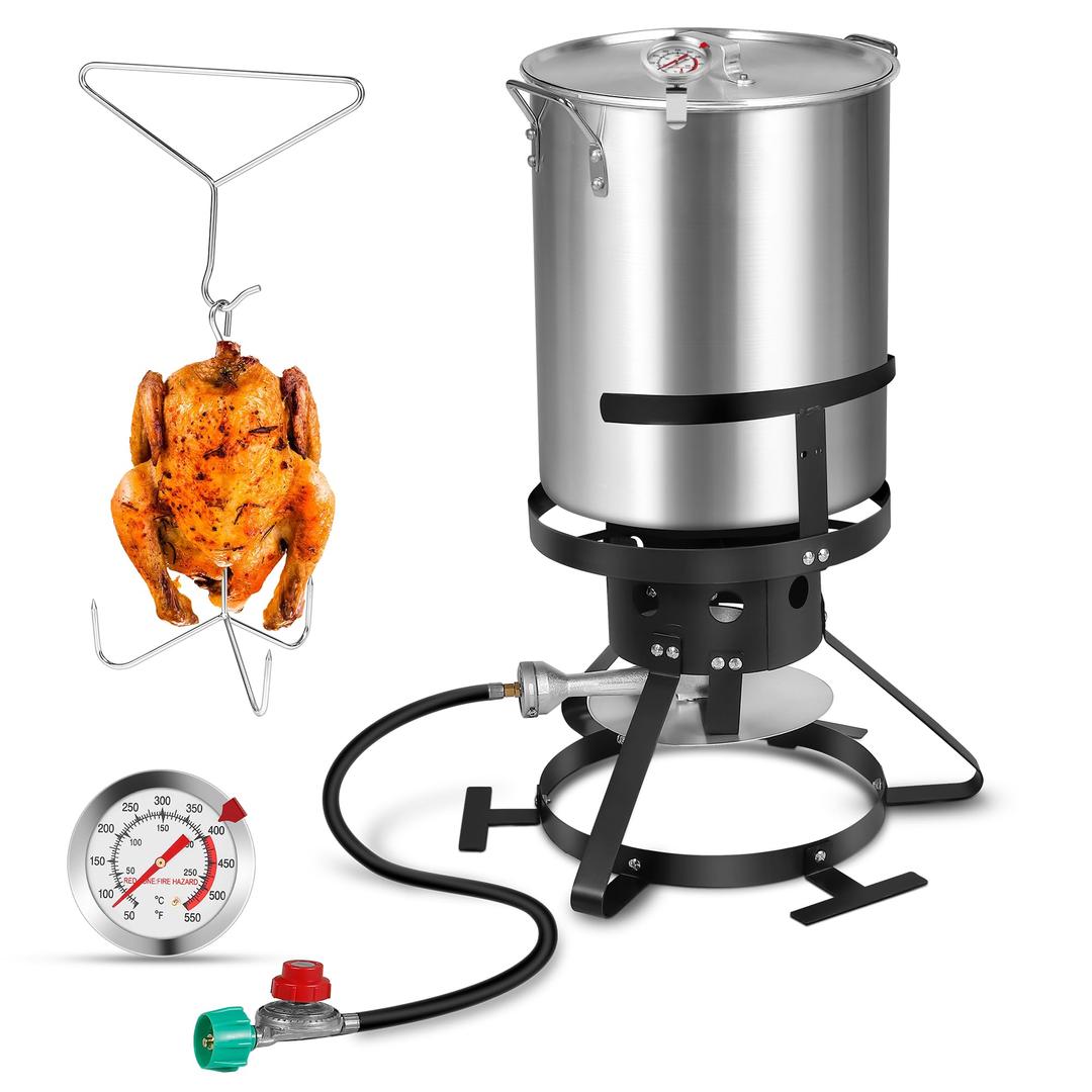 RYHOFOUD 30QT Turkey Fryer with Boiler Steamer Set Basket & 55000BTU Propane Burner, Outdoor Deep Fryer & Seafood Crawfish Boil Pot with Thermometer, Marinade Injector, Turkey Rack & Rack Lifter