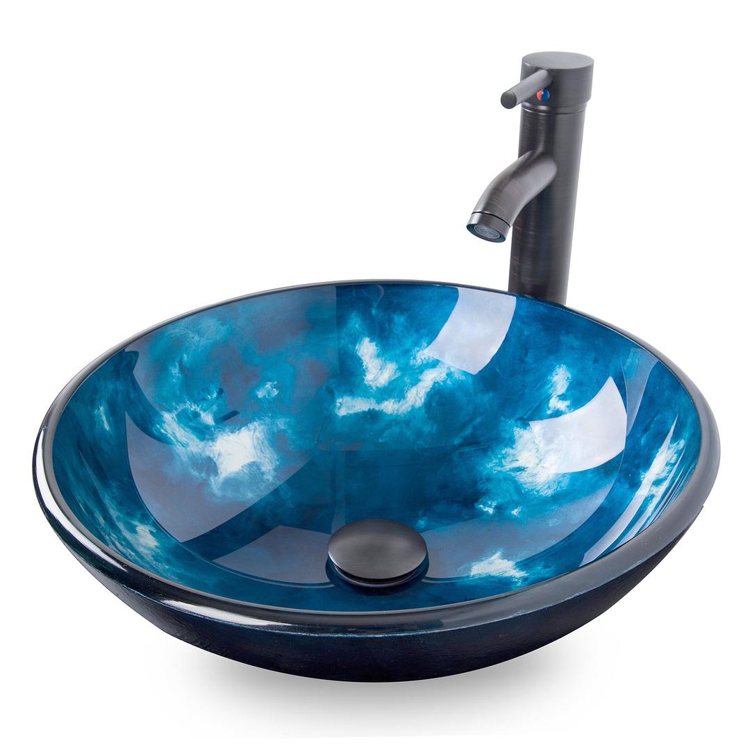 Bathroom Artistic Vessel Sink, Tempered Glass Vanity Round Bowl with Oil Rubber Bronze Faucet and Pop up drain Set, Ocean Blue