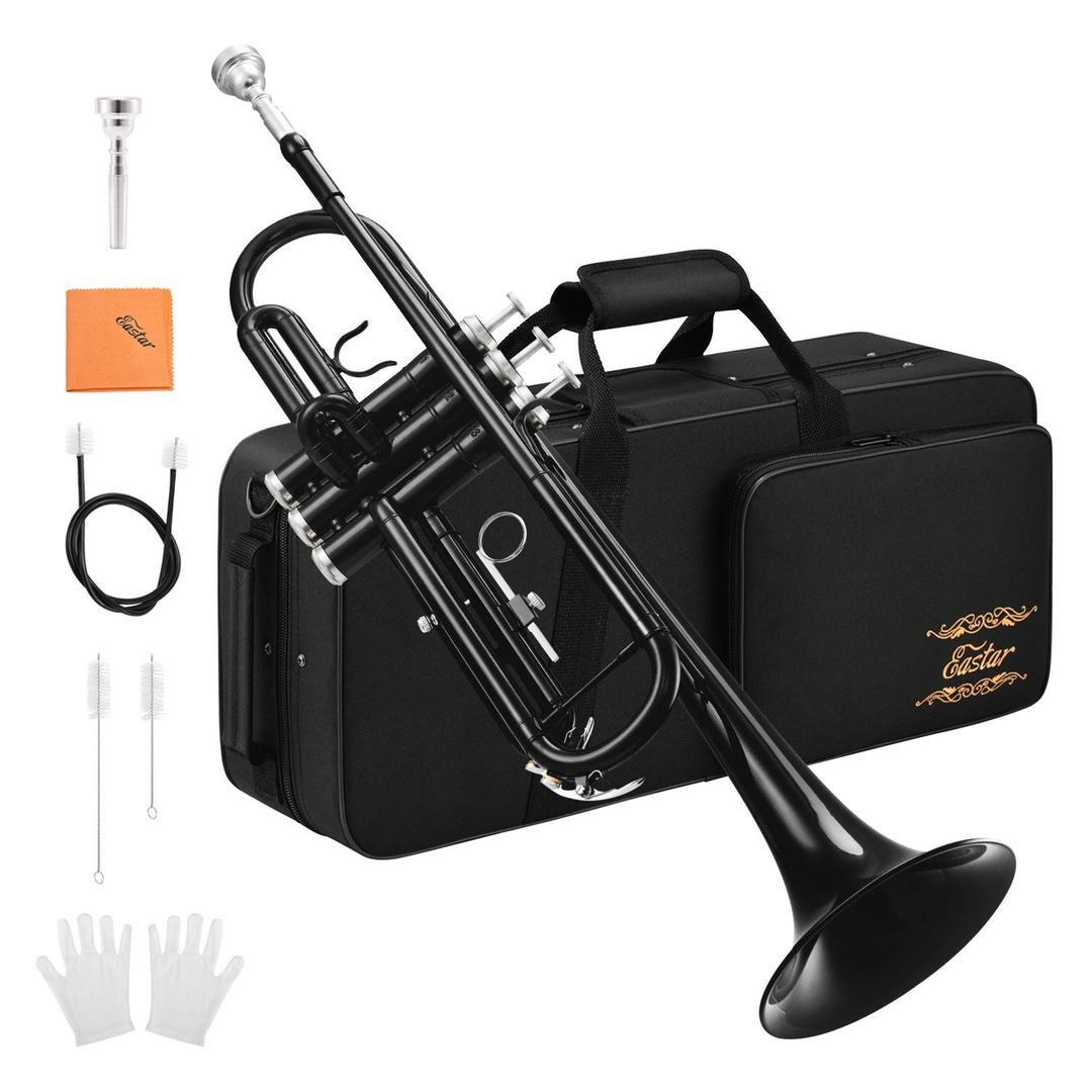 EastarBb Trumpet Standard Trumpet Set for Student Beginner with Hard Case, Cleaning Kit, 7C Mouthpiece and Gloves, Brass Bb Trumpet Instrument, Black, ETR-380B