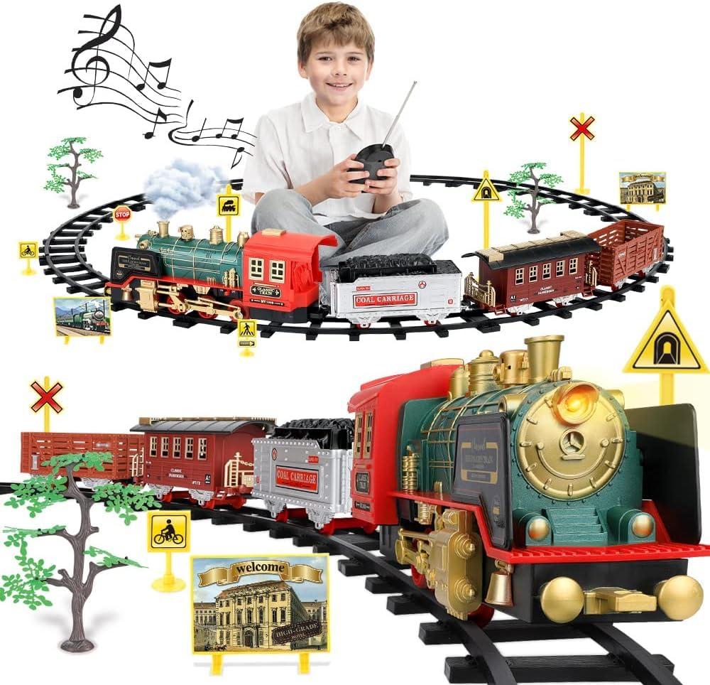 AM ANNA Remote Control Train Set, Electric R/C Train Toy for Kids w/Smokes,Lights & Sound,Railway Kits w/Steam Locomotive Engine,Cargo Cars & Tracks,Ideal for 3 4 5 6 + Kids